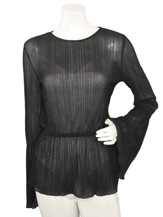 Michael Kors Black Sheer Bell Sleeve Blouse Pleated Top Metallic Thread Elastic - Picture 2 of 13